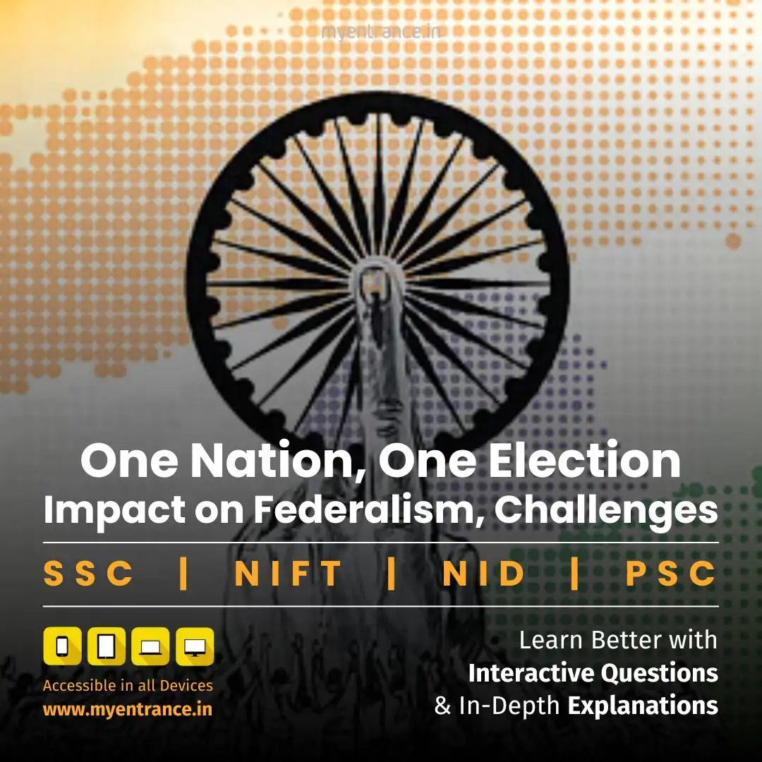 Indian map with election symbols and constitutional books - One Nation One Election debate for exams.