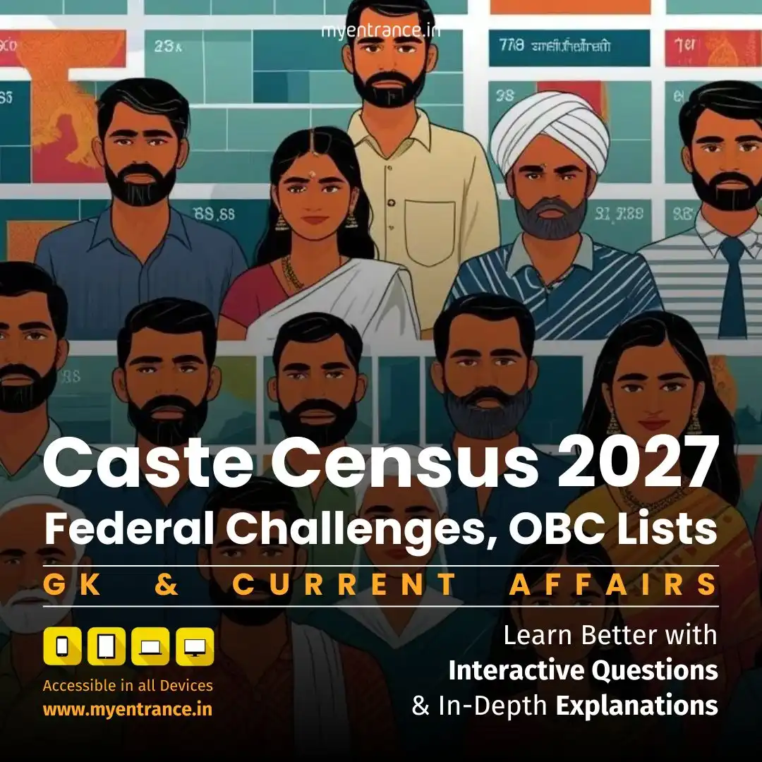 Infographic comparing Central vs State OBC lists for Census 2027, with constitutional symbols – essential for UPSC/PSC/SSC polity preparation.