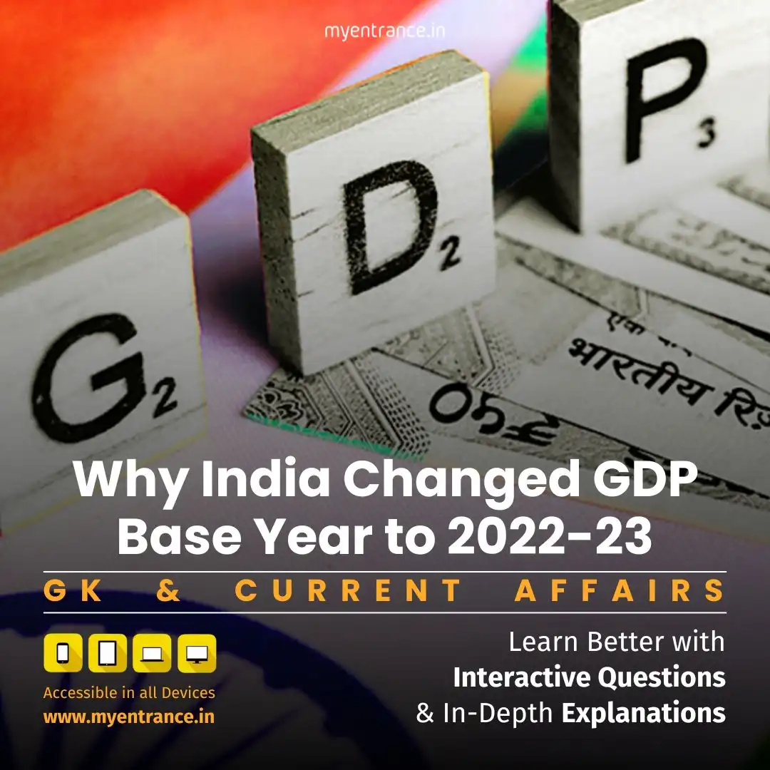 Infographic showing India's GDP growth trends and base year shifts from 1948-49 to 2022-23 for UPSC/SSC exam preparation