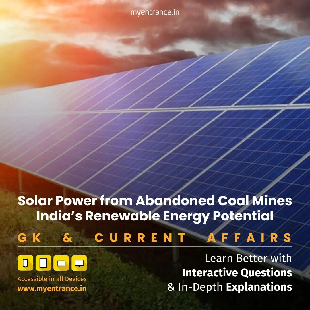 Solar panels installed on an abandoned coal mine site in India, showcasing renewable energy transition.