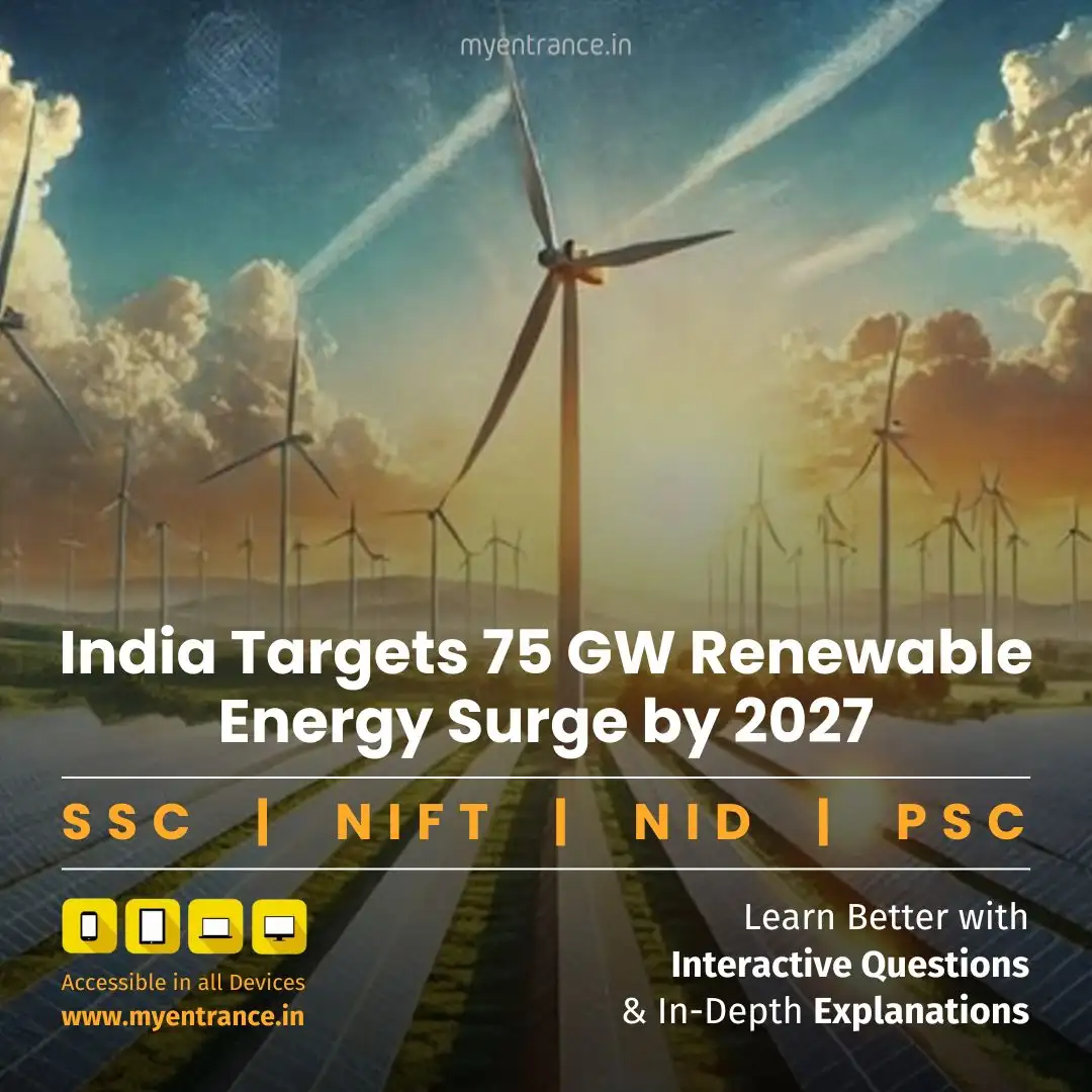 Illustration of hybrid renewable energy farm with solar panels, wind turbines, and battery storage, symbolizing India’s 75 GW green energy push