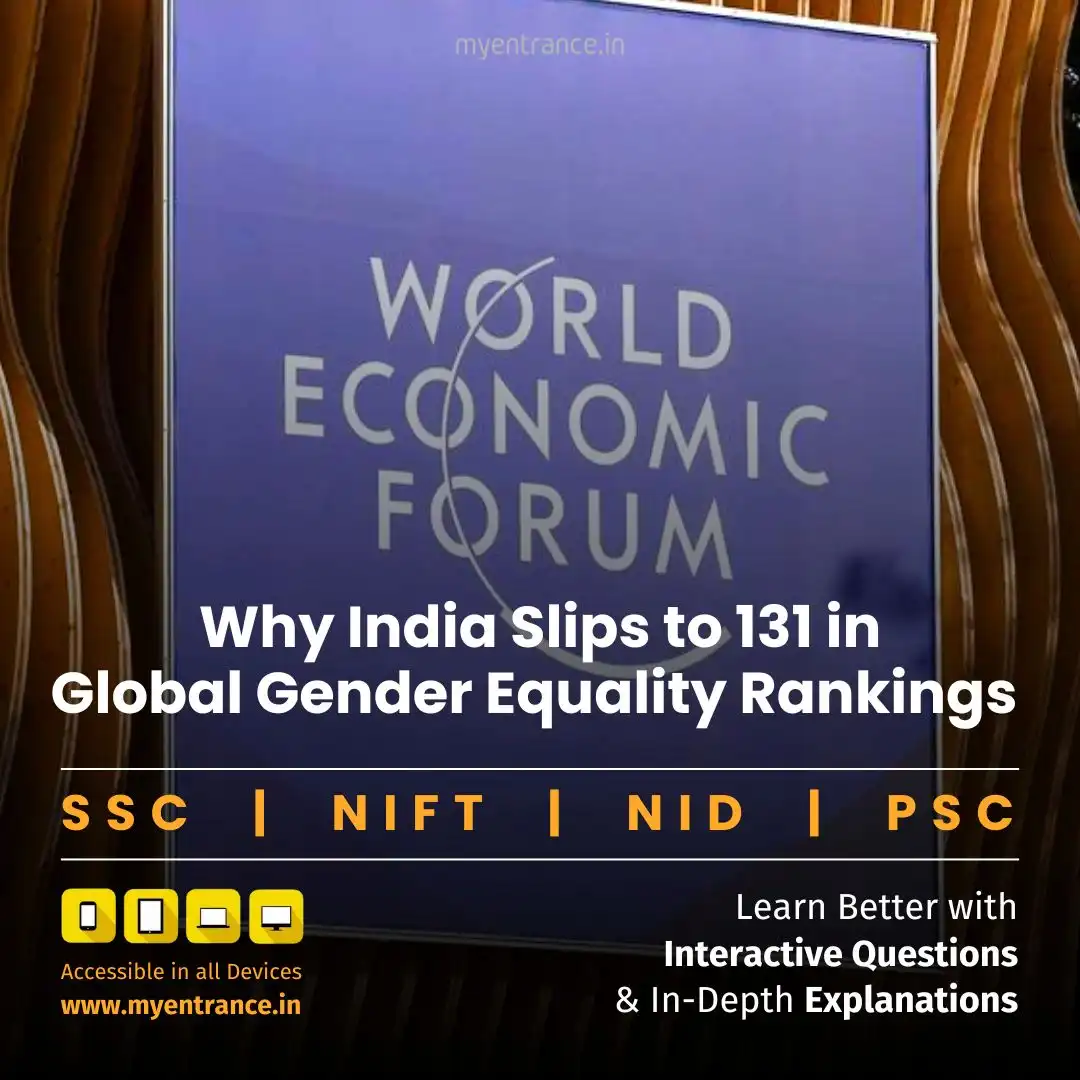 Cover of WEF Global Gender Gap Report 2025 showing gender equality statistics with India's ranking highlighted for UPSC/SSC exam preparation
