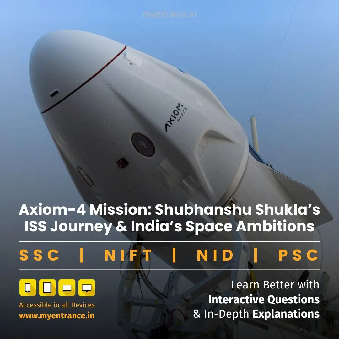 Falcon 9 rocket launching with Axiom-4 crew patch; inset: Shubhanshu Shukla in ISS lab module