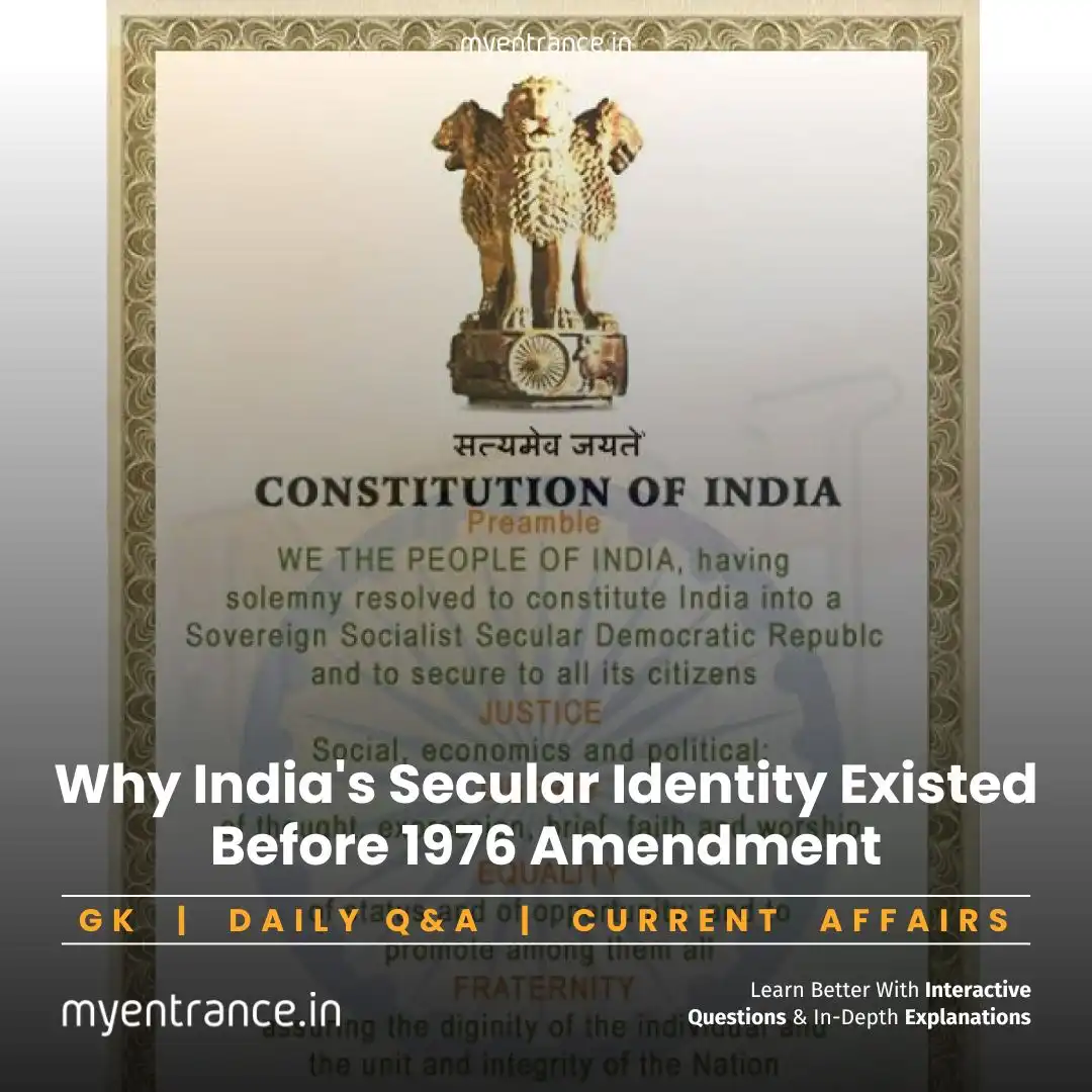 Illustration of Indian Constitution Preamble highlighting the words "Socialist" and "Secular" with historical timeline.