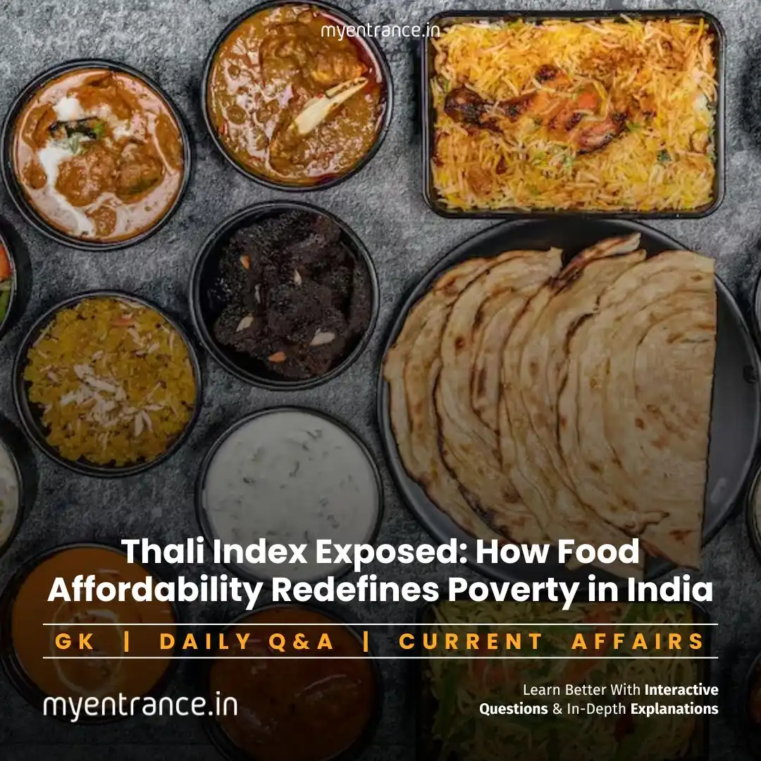 Illustration of a traditional Indian thali with diverse foods, symbolizing the Thali Index’s role in measuring food affordability for competitive exam topics like poverty and hunger.