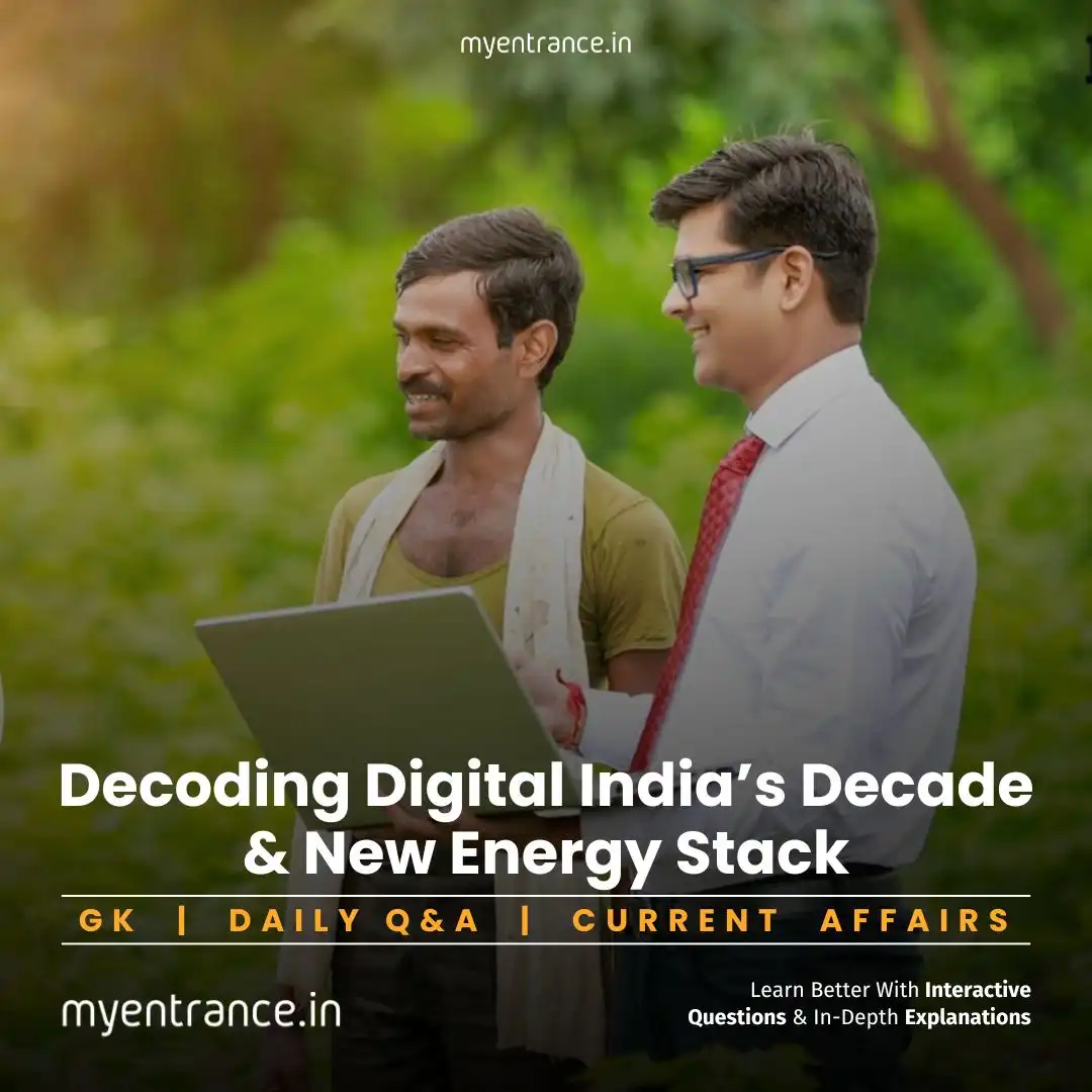 Digital India 10th anniversary infographic with UPI, Aadhaar, and energy stack icons | myentrance.in exam prep