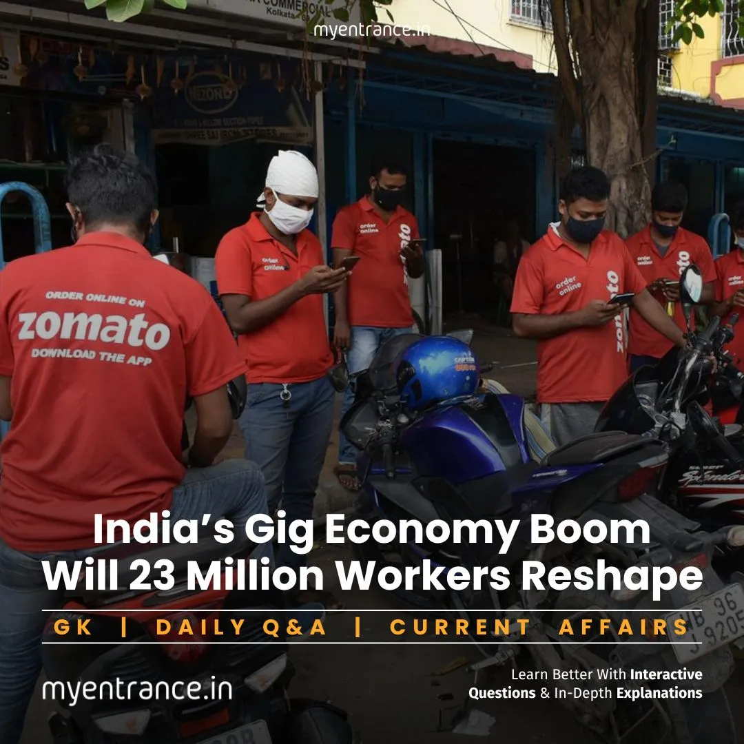 Illustration of diverse gig workers in India: delivery rider, app-based driver, and remote freelancer