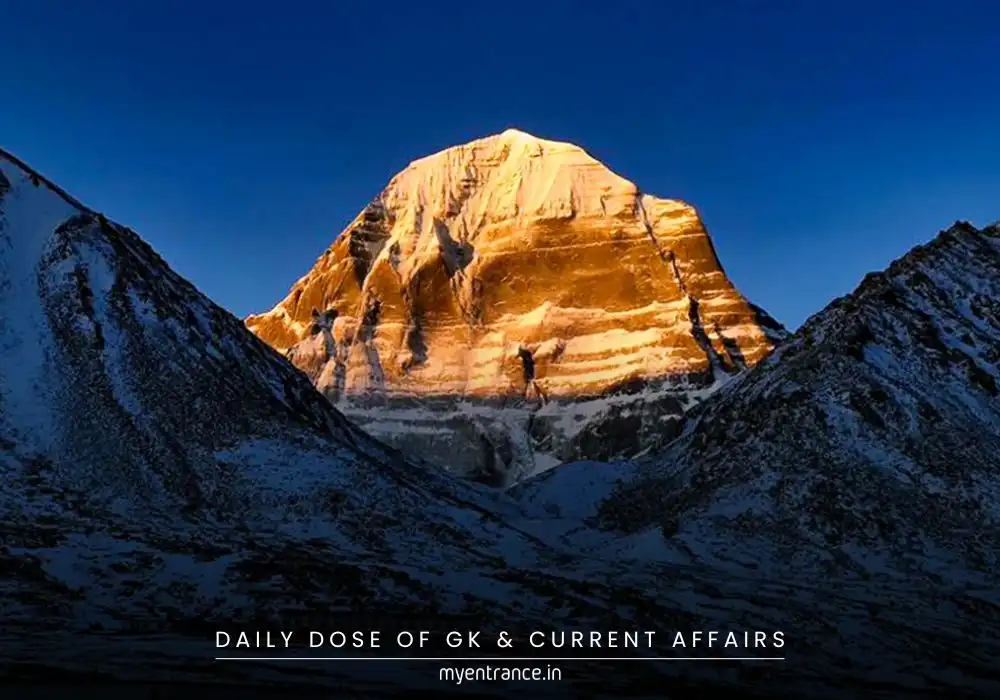 Pilgrims trekking toward Mount Kailash with Lake Manasarovar reflecting the Himalayan peaks under a clear blue sky.