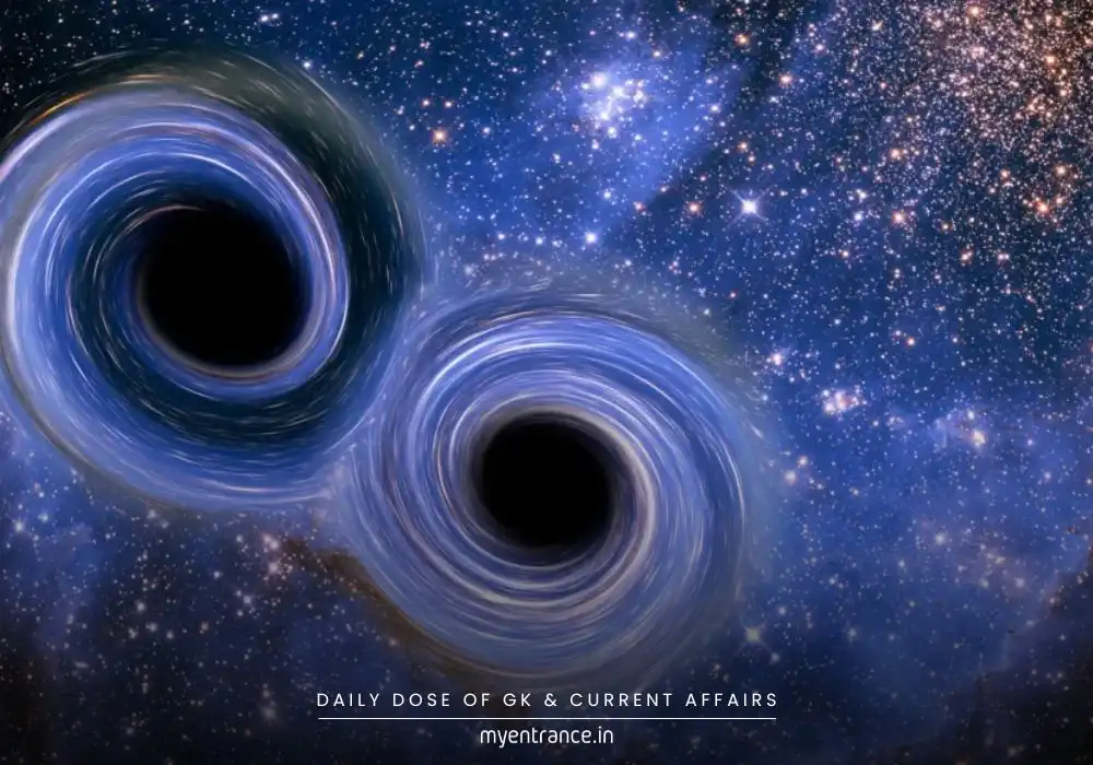 Artistic depiction of two massive black holes merging and emitting gravitational waves.