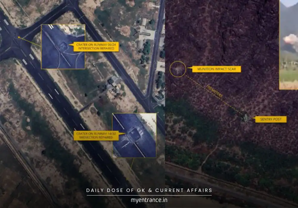 Satellite view showing impact zone near Pakistan's Kirana Hills nuclear site after Operation Sindoor