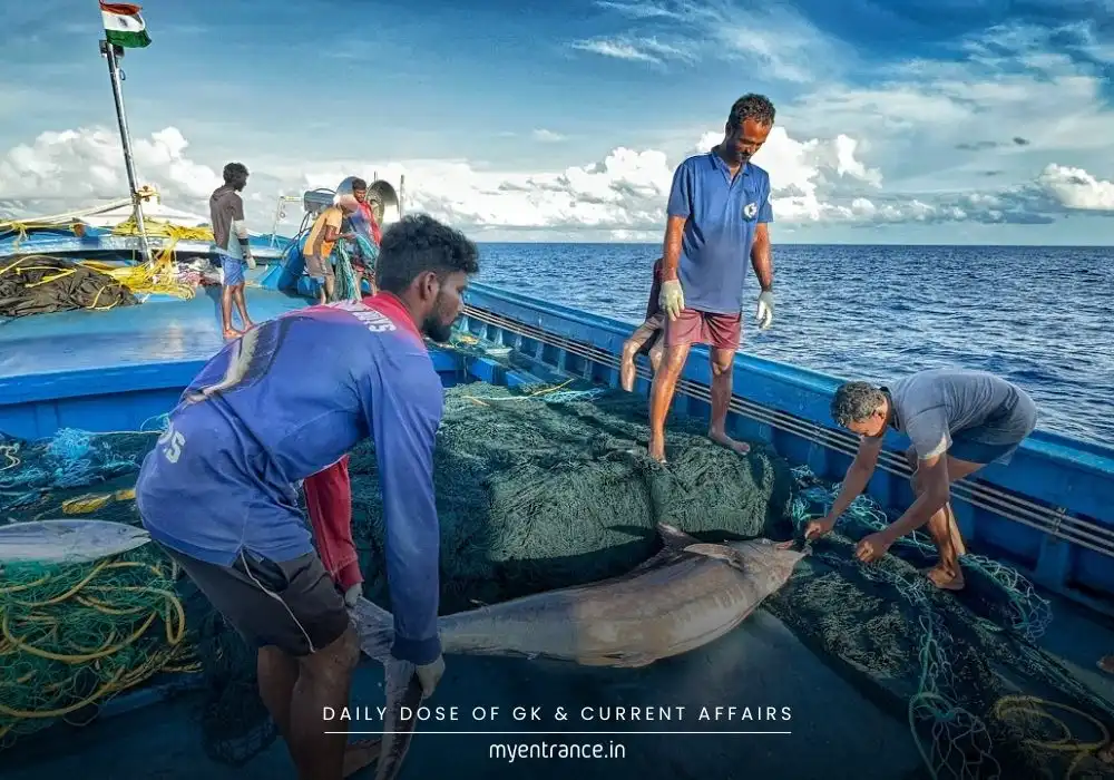 Concerned traditional Indian fishermen discussing the impact of large deep-sea vessels near their boats.