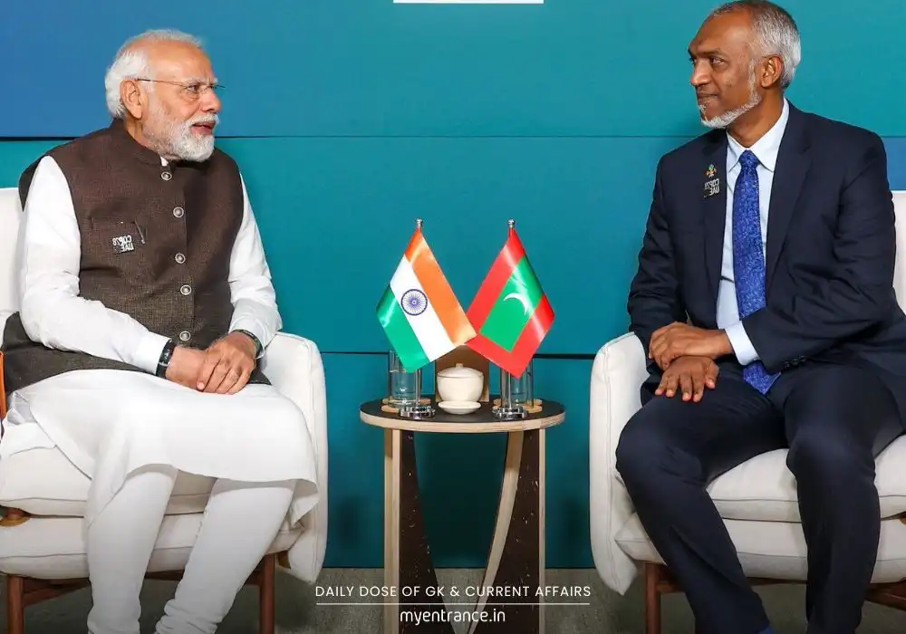 PM Modi and Maldivian President Mohamed Muizzu shake hands during bilateral talks in New Delhi, July 2025.