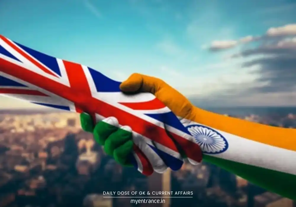 India-UK flags shaking hands with trade documents, symbolizing Free Trade Agreement negotiations