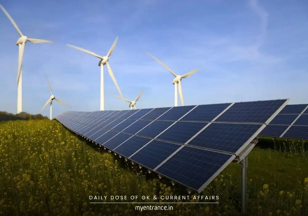 Solar panels and wind turbines in India symbolizing renewable energy growth and climate goal