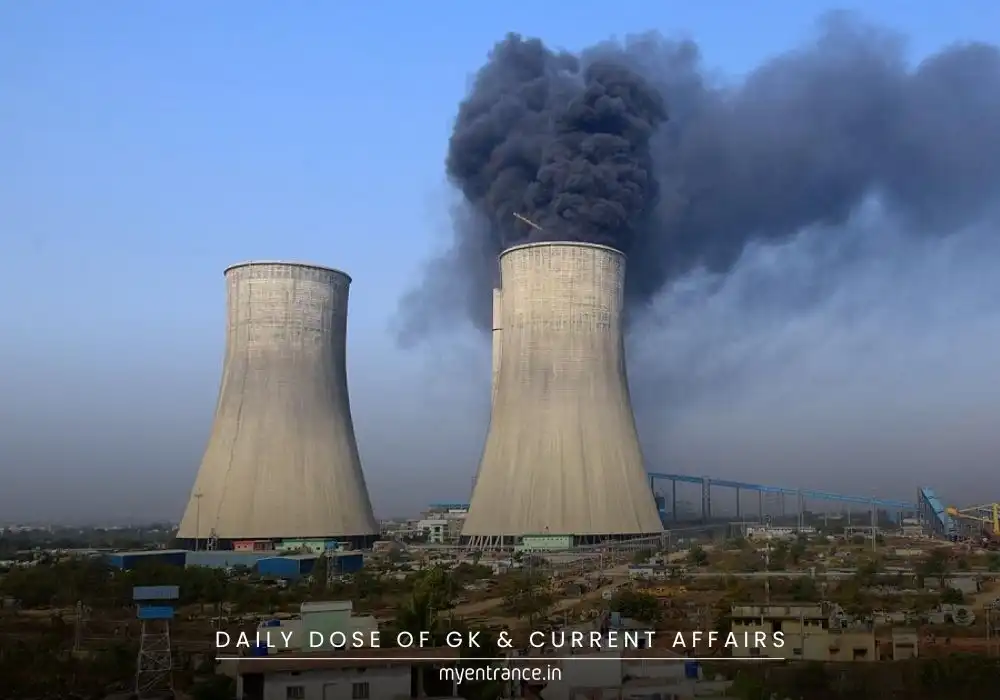 Thermal power plant emitting smoke with a focus on SO2 pollution control debate.