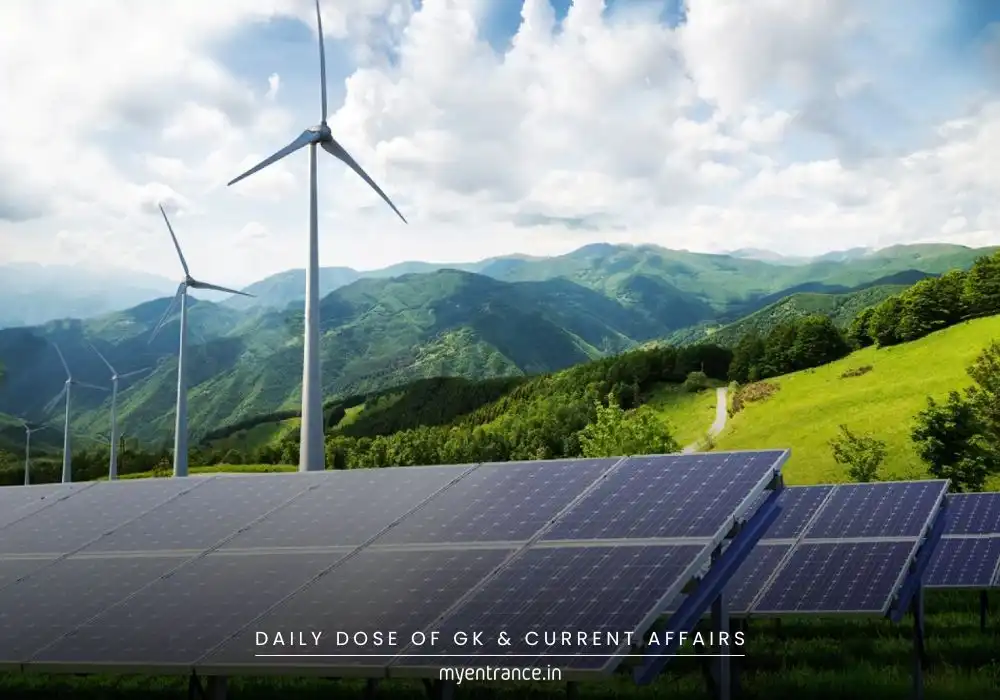 India’s renewable energy growth with solar panels and wind turbines, highlighting grid stability challenges