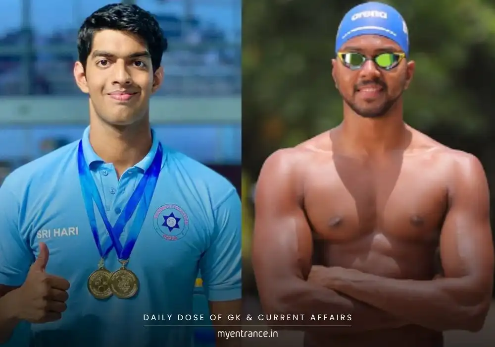 Srihari Nataraj and B. Benediction Rohit celebrating their record-breaking swims at World University Games 2025