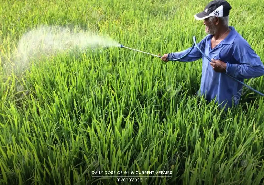 Graph showing India's herbicide market growth compared to insecticides and fungicides, farmer spraying field