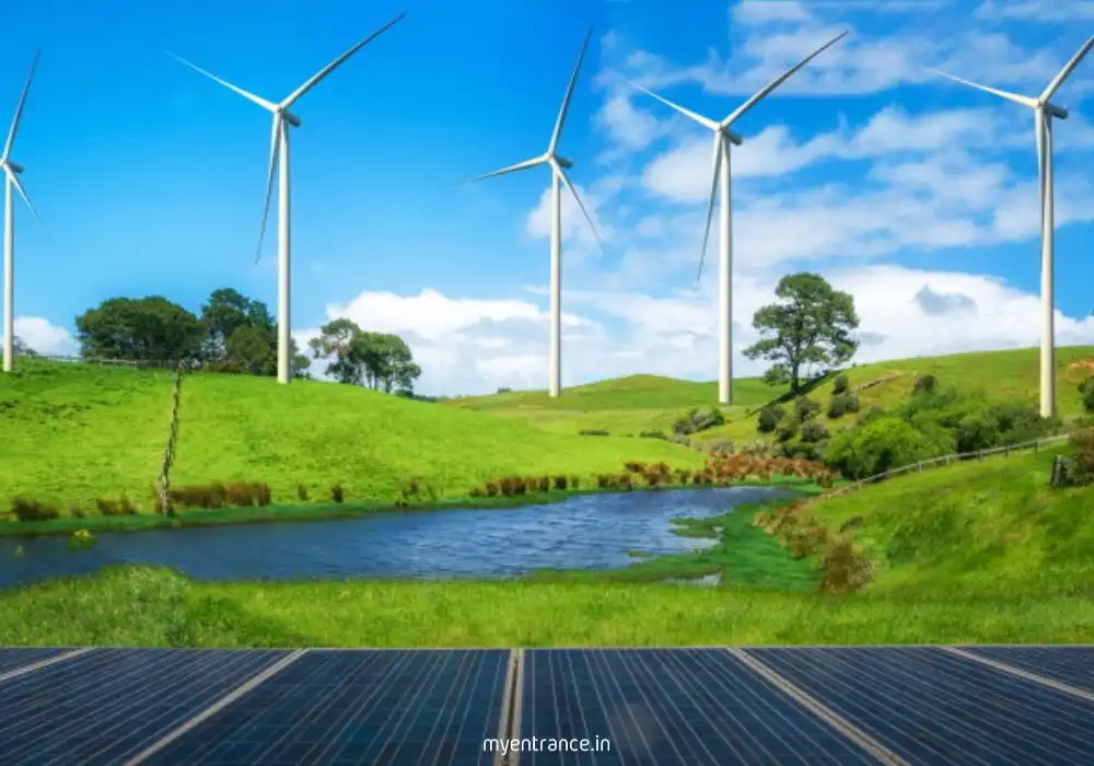 Renewable energy sources like solar panels, wind turbines, and hydropower plants for sustainable electricity generation.