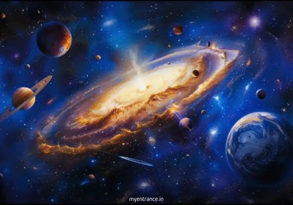 Illustration of outer space with planets, stars, and galaxies for competitive exam preparation.