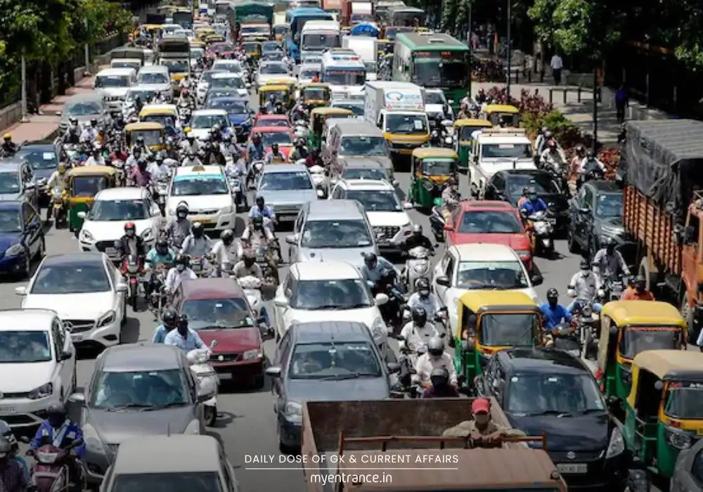 Indian Parliament session discussing urban mobility reforms with infographics of metro, buses, and traffic networks