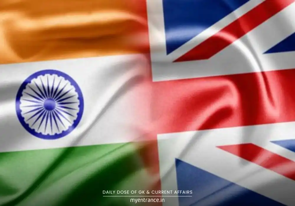 India and UK flags with trade agreement documents - India UK CETA explained for competitive exams