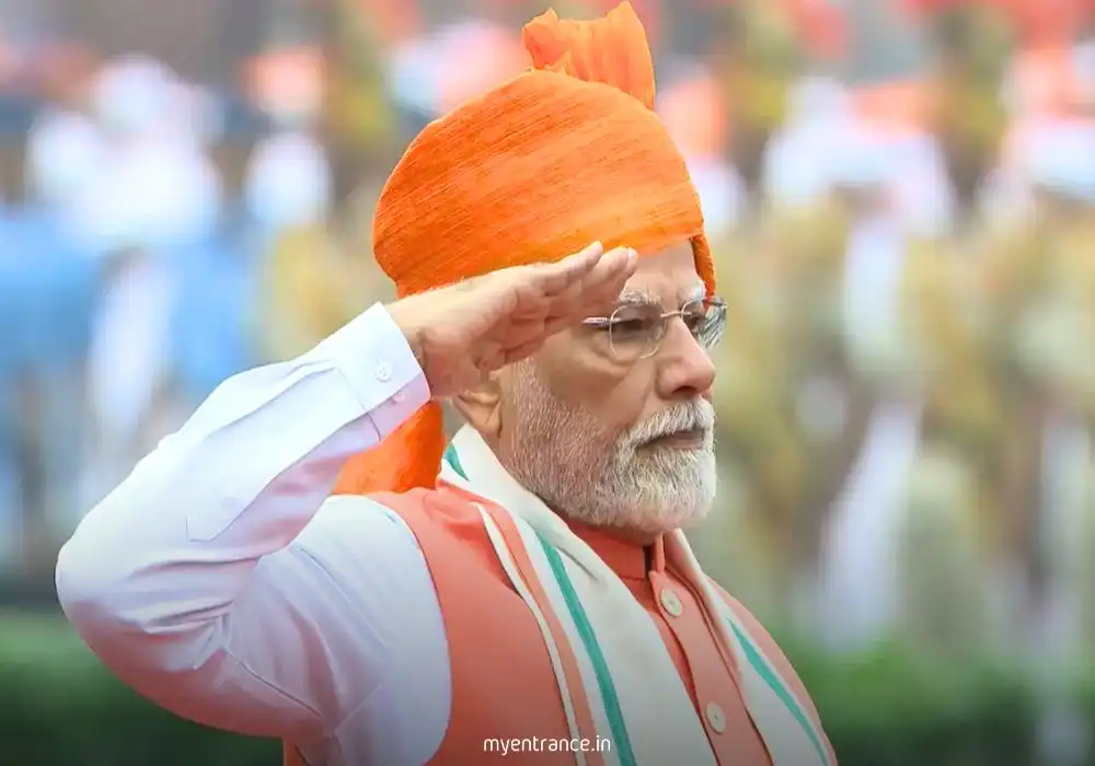 Prime Minister hoisting the Indian flag at Red Fort during 79th Independence Day celebrations, with IAF helicopters showering flower petals.