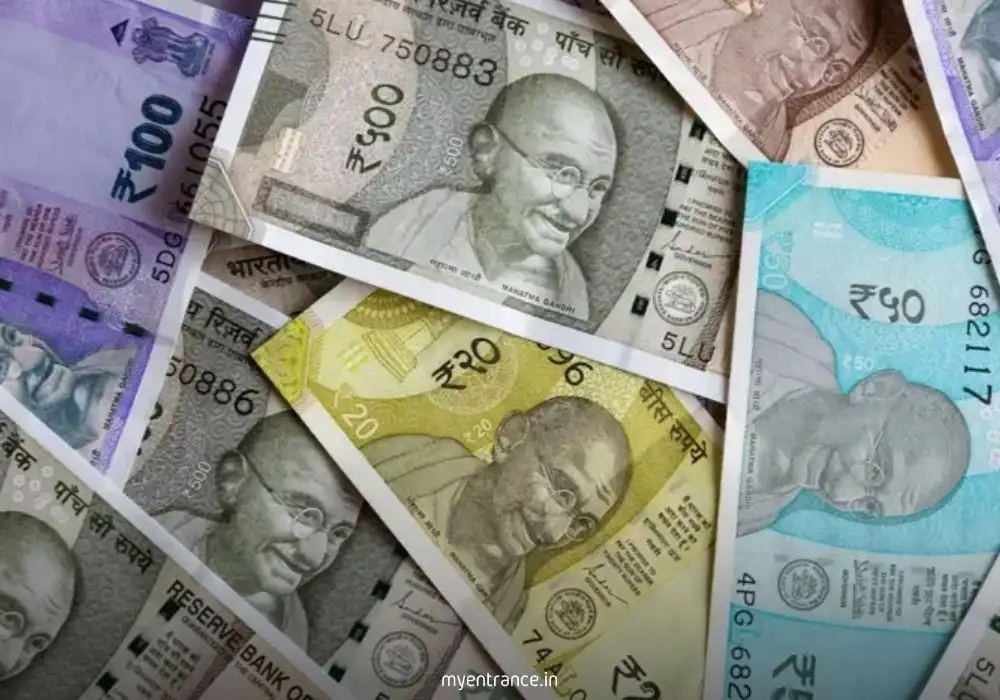 Indian Rupee (INR) currency notes and coins with Reserve Bank of India symbol