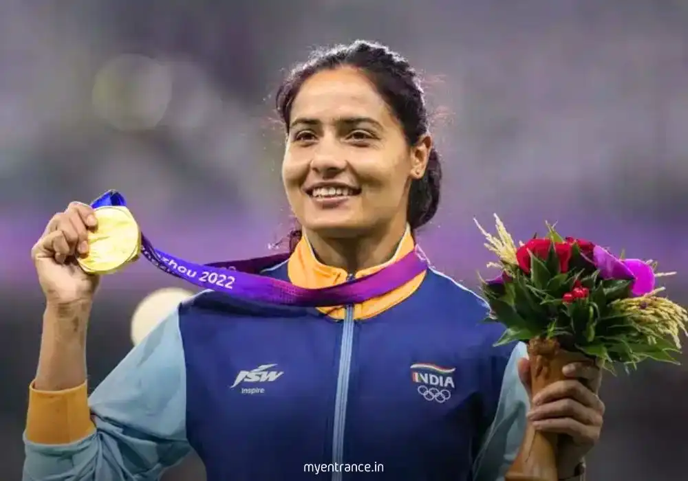 Annu Rani celebrates after winning gold in women’s javelin throw at Wiesław Maniak Memorial, Poland
