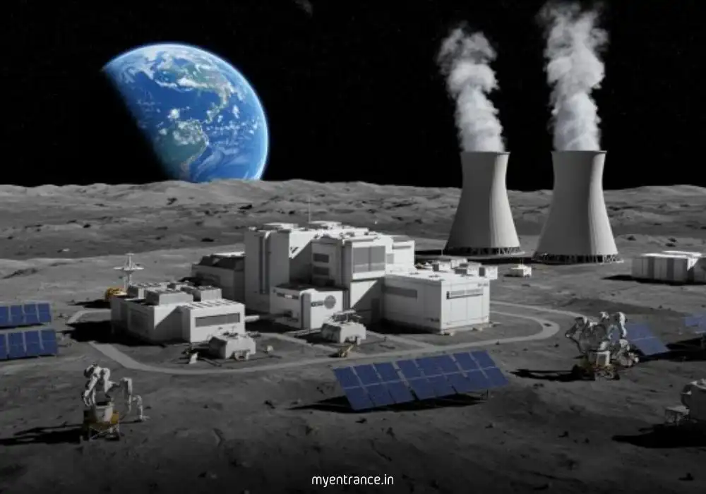 NASA's proposed lunar nuclear reactor concept with astronauts near moon base, Earth visible in the dark sky