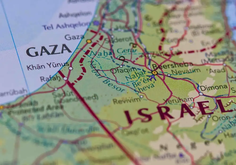 Map of Gaza Strip highlighting conflict zones, Israeli military operations, and displacement routes amidst annexation talks
