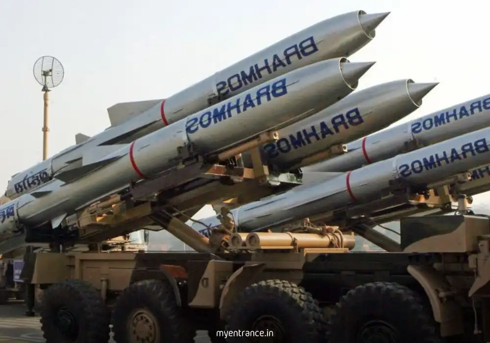 BrahMos supersonic cruise missile launching from an Indian Navy warship against a sea target.