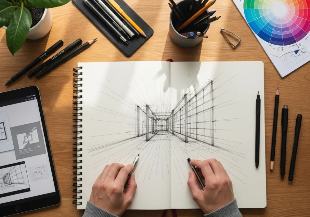 A professional designer's workspace with sketches and tools representing NID DAT preparation.