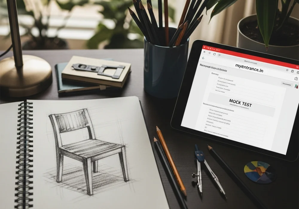 A creative workspace with sketching tools and NID entrance exam study materials for self-study.