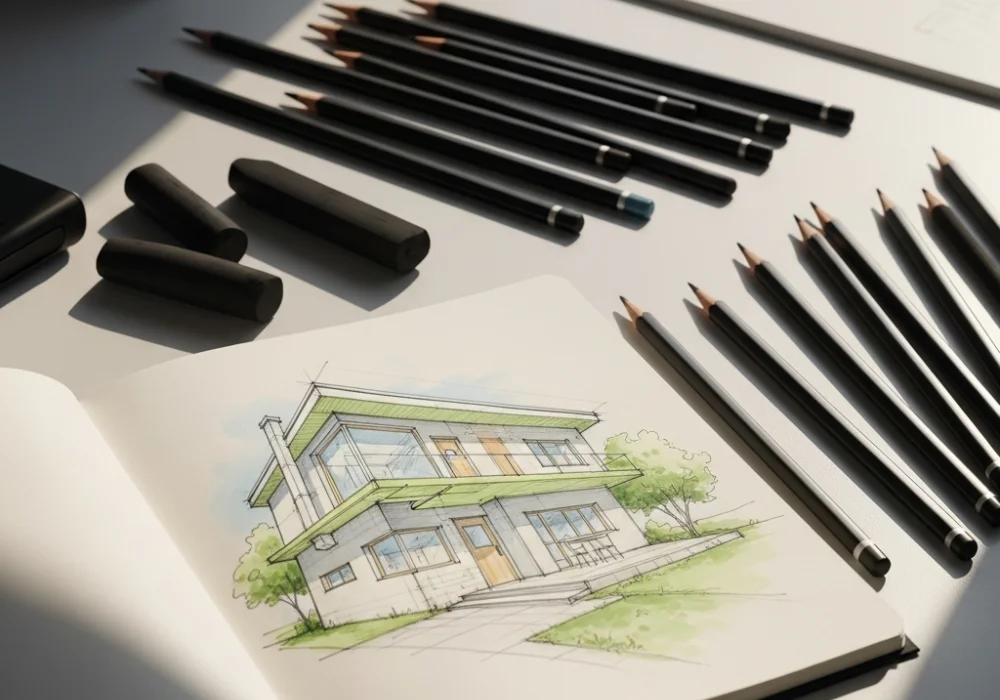 Professional sketching tools and perspective design drawings for NID DAT preparation.