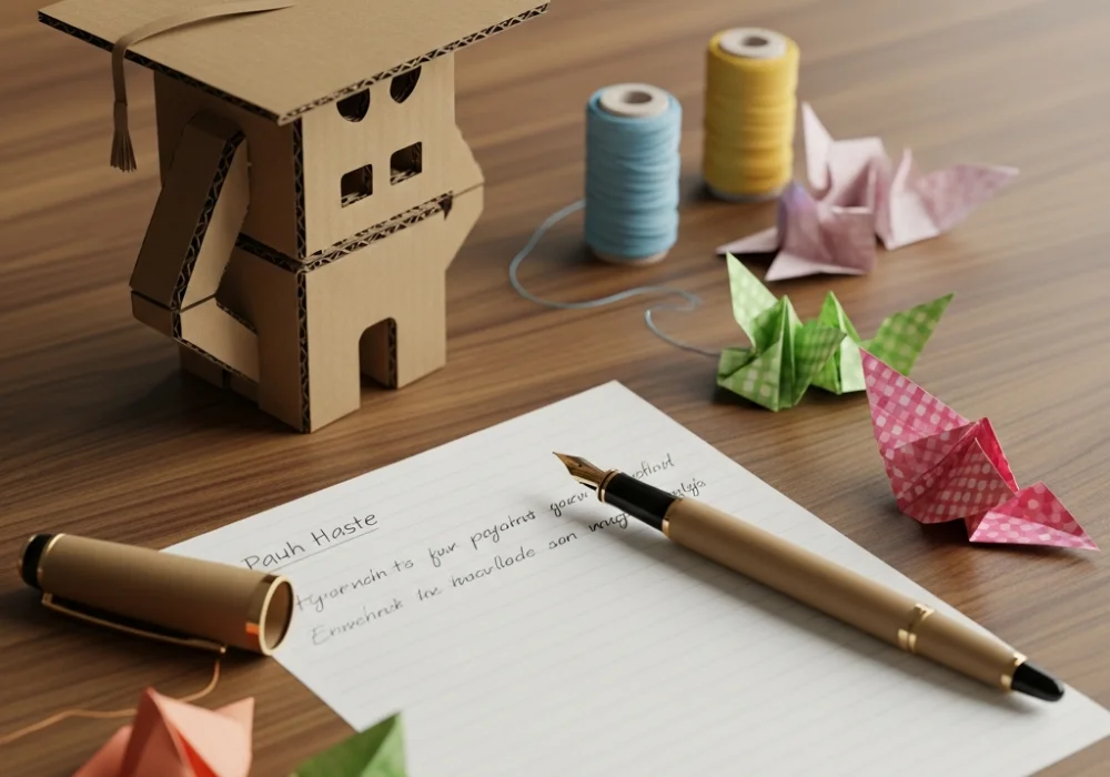 A creative desk setup showing a handcrafted NIFT model and a concept write-up sheet with design materials.