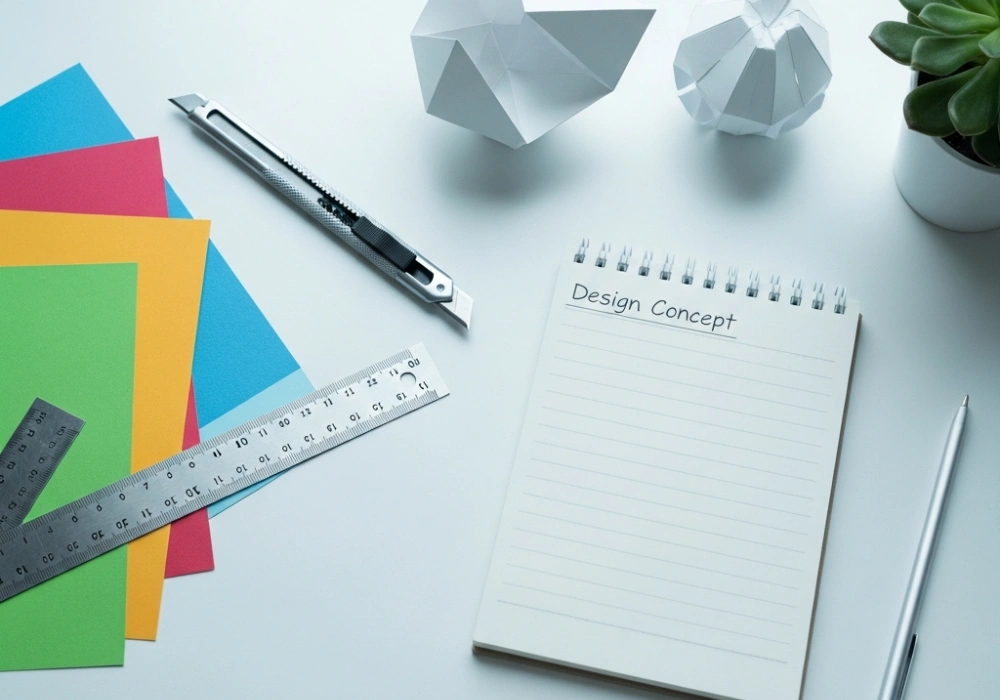 A professional desk setup for NIFT Situation Test preparation featuring model making tools and a written design report.
