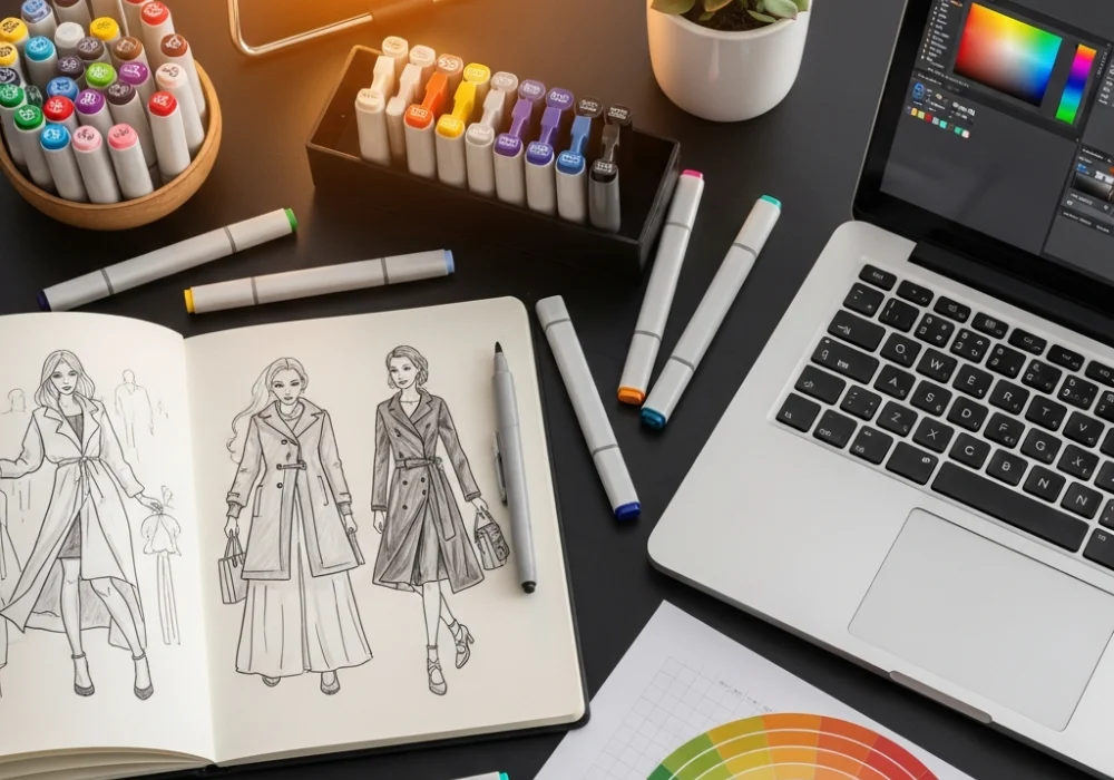 A professional flat-lay of NIFT Fashion Communication study materials including color wheels and sketchbooks.