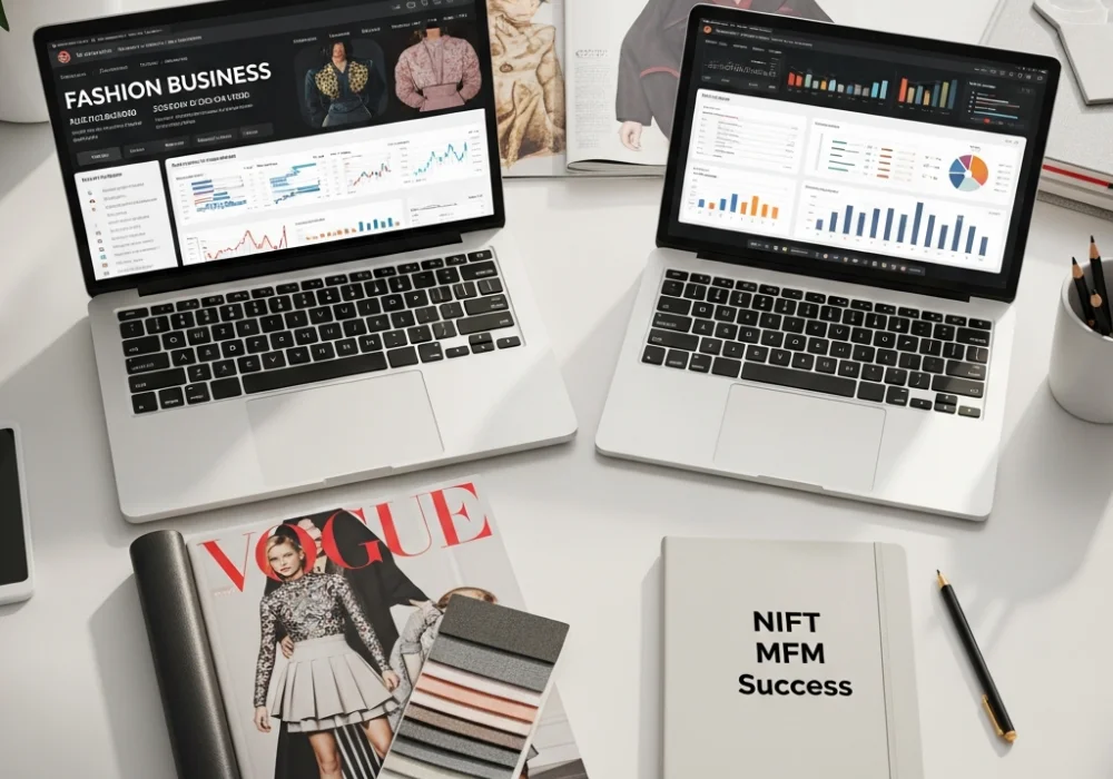 A professional desk setup representing NIFT Master of Fashion Management preparation with magazines and business tools.
