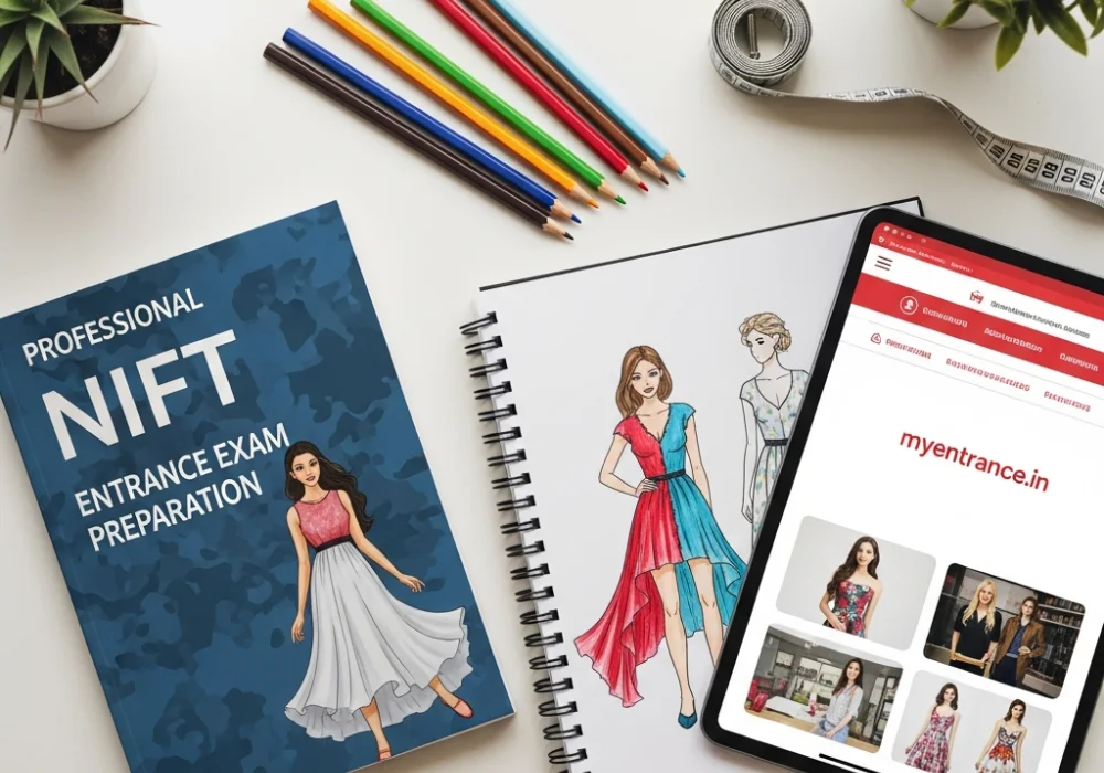 Detailed overview of NIFT entrance exam preparation materials including sketches, pencils, and online mock test portal.