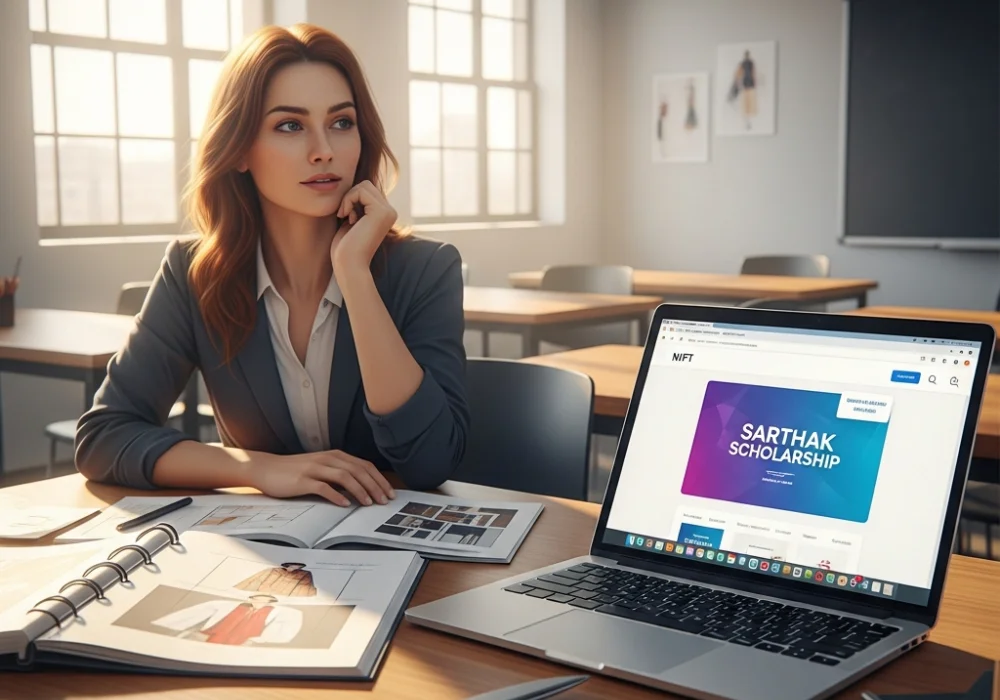 A modern desk with a fashion portfolio and scholarship application documents, representing NIFT financial aid.