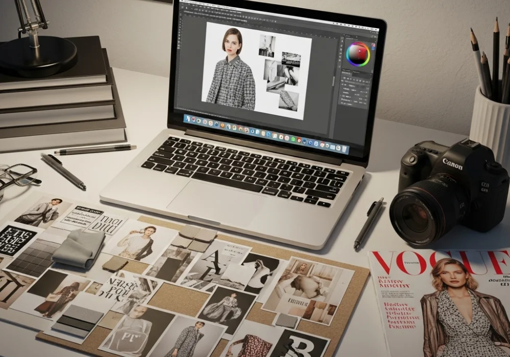 Aesthetic design workspace showing NIFT Fashion Communication essentials like digital design tools, photography equipment, and mood boards.