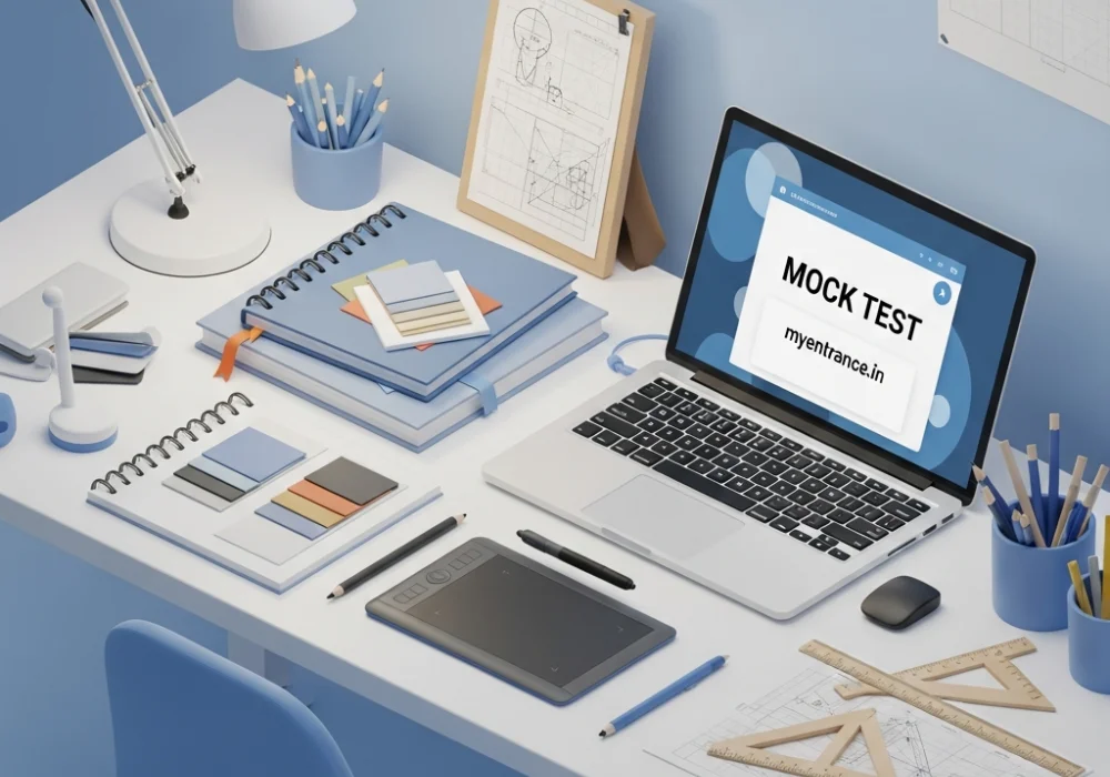 A minimalist design workspace illustrating NIFT M.Des entrance exam preparation tools like sketchbooks, tablet, and mock test portal.