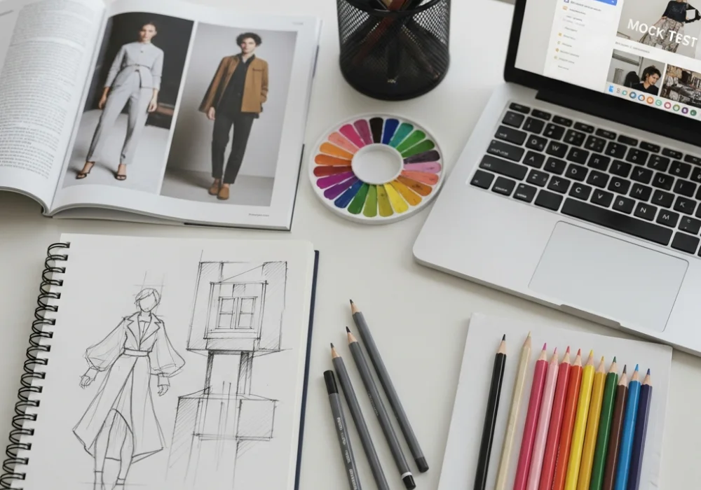 Home study desk with fashion sketches, pencils, and laptop for NIFT entrance exam preparation.