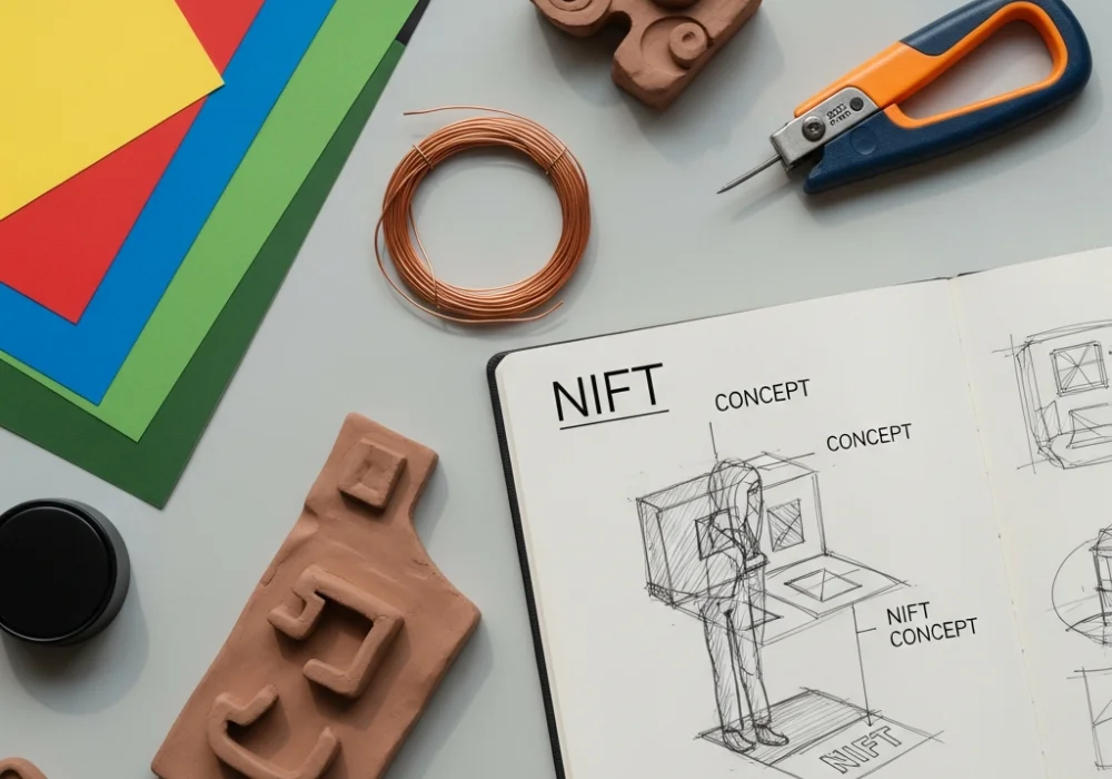 Essential materials for NIFT Situational Test preparation including wire, clay, and paper models.