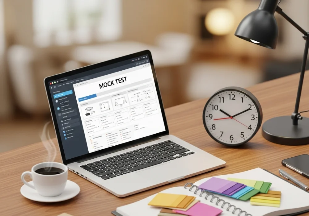 A working professional's desk setup showing NIFT preparation materials, a laptop with mock tests, and a sketchbook.