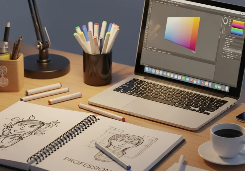 A professional design student desk with sketchbook and tools representing NIFT exam preparation.