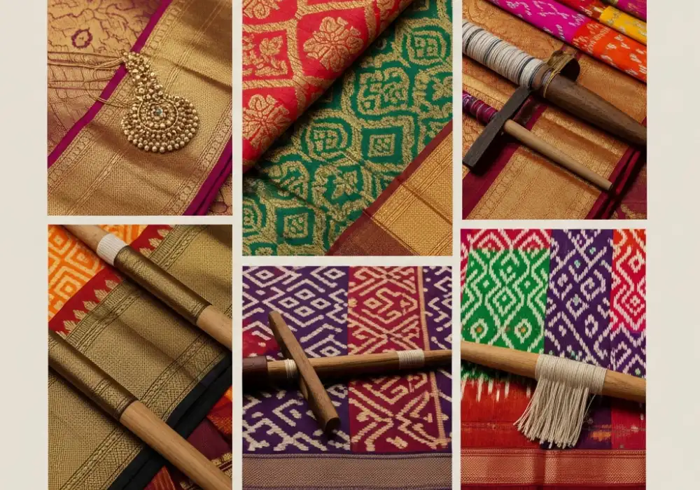A colorful collage of various Indian handloom fabrics including silk and cotton weaves with intricate traditional patterns.