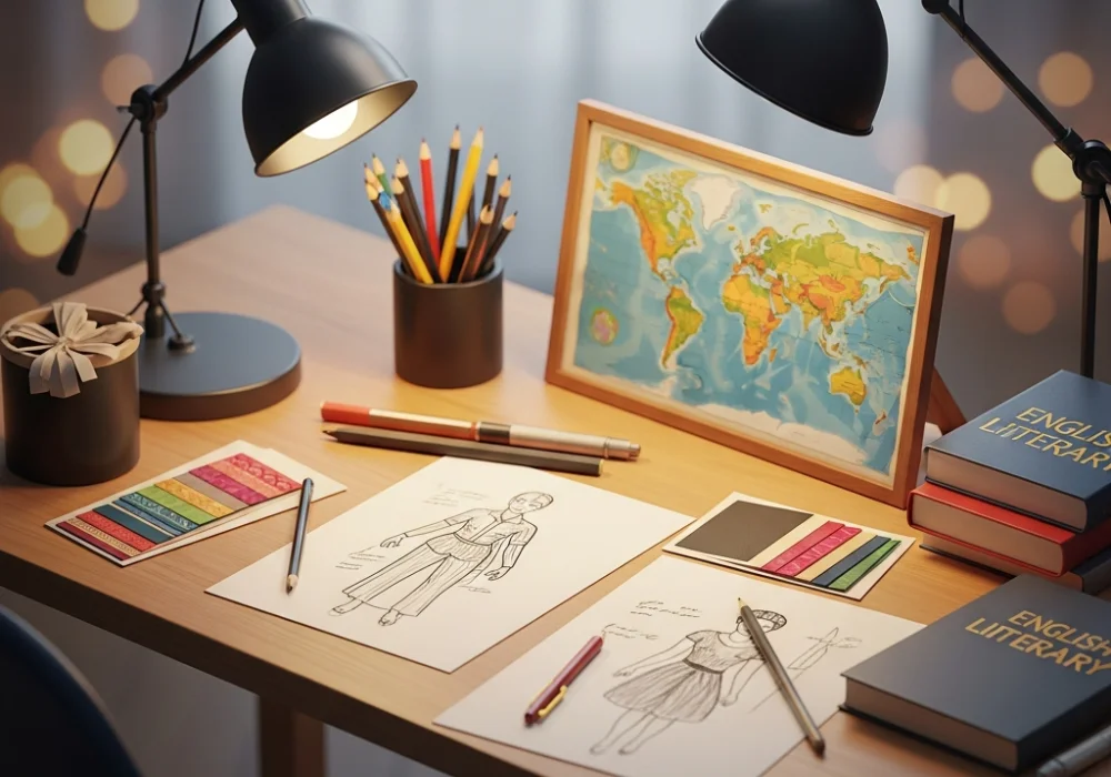 Educational illustration for NIFT entrance preparation showing fashion design tools and study materials.