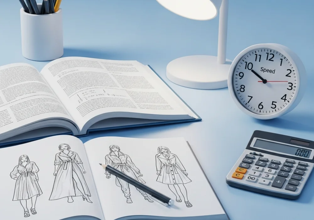 NIFT GAT Quantitative Ability study materials including a sketchbook and mathematical tools representing speed math shortcuts.